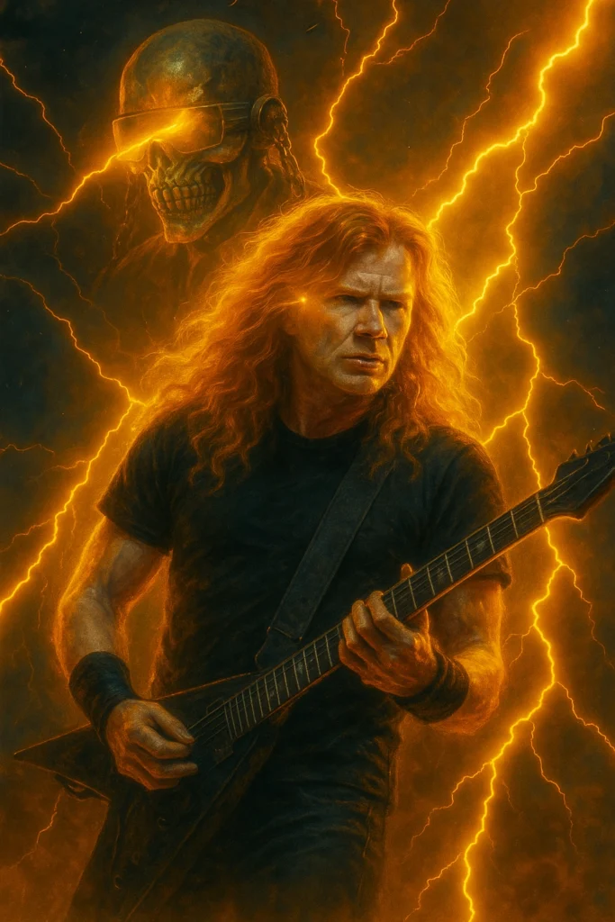 Megadeth y la censura de “Peace Sells” – historia completa 4 Ilustración épica con guitarrista en primer plano y figura esquelética detrás entre relámpagos, al estilo póster de metal ochentero