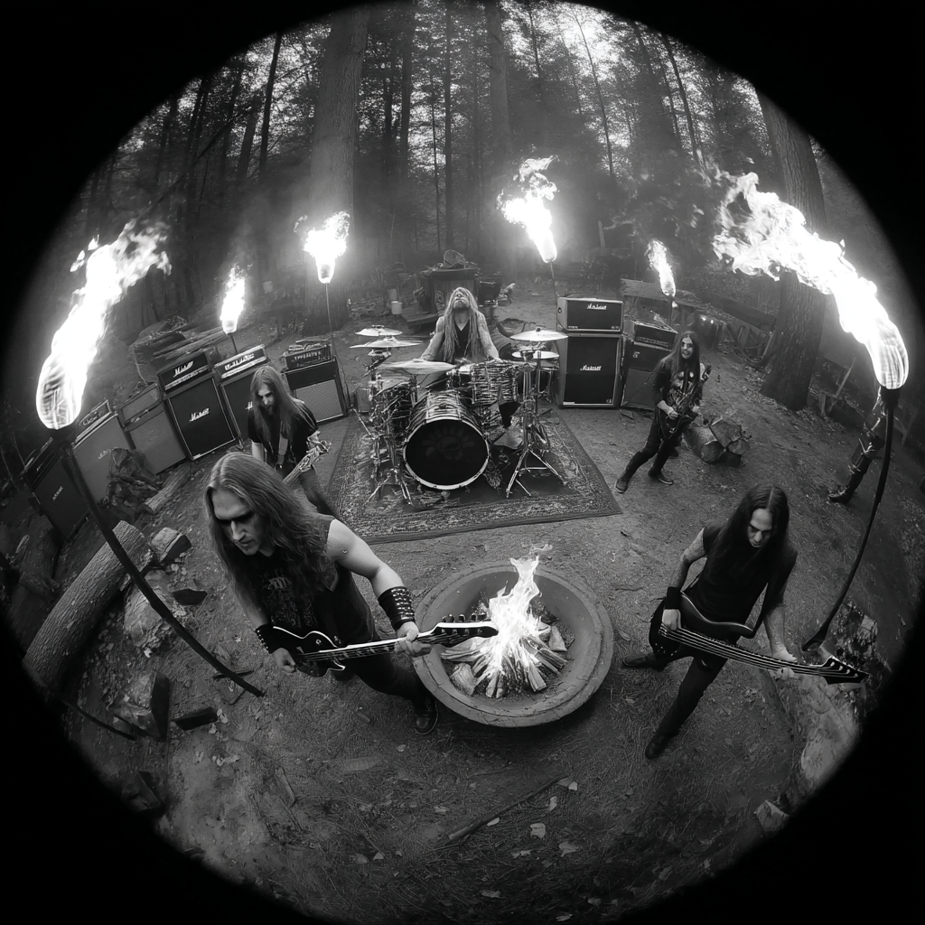 Géneros de Metal: historia, evolución y el poder de la contracultura 2 Escena en blanco y negro de una banda representando distintos géneros de metal mientras toca en un bosque, rodeada de fuego y amplificadores Marshall.