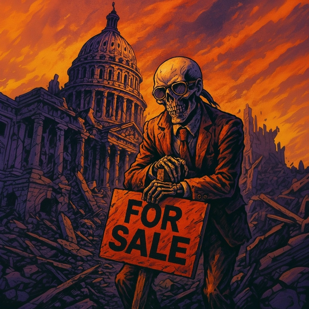 Megadeth y la censura de “Peace Sells” – historia completa 1 Ilustración estilo thrash: Vic Rattlehead con cartel FOR SALE ante Capitolio en ruinas, portada de Megadeth Peace Sells