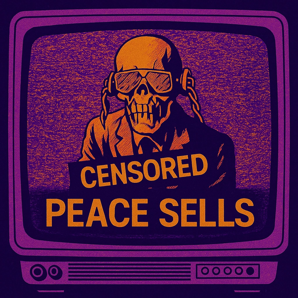 Megadeth y la censura de “Peace Sells” – historia completa 3 Ilustración de Vic Rattlehead censurado en un televisor retro simbolizando la polémica por la canción Megadeth Peace Sells